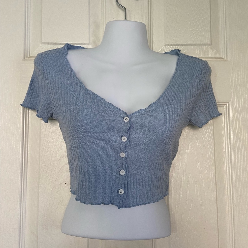 Brandy Melville Blue Ribbed Button-Up Crop Top